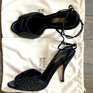 Badgley Mischka black satin with beading women’s dress sandals.